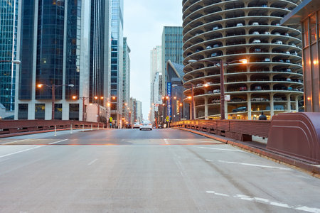 CHICAGO, IL - CIRCA APRIL, 2016: streets of Chicago at evening. Chicago, colloquially known as the "Windy City", is the third most populous city in the USA, following New York and Los Angelesのeditorial素材