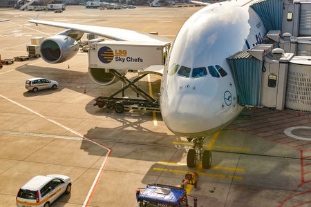 FRANKFURT, GERMANY - MARCH 13, 2016: Lufthansa aircraft docked in Frankfurt Airport. Frankfurt...