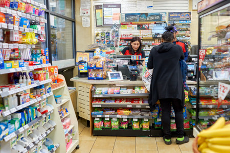NEW YORK - CIRCA MARCH 2016: inside of 7-Eleven shop. 7-Eleven (7-11) is an international chain of...