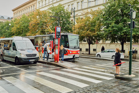 PRAGUE, CZECH REPUBLIC - AUGUST 18, 2015: streets of Prague. Prague is the capital and largest city of the Czech Republic. It is the 15th largest city in the European Union.のeditorial素材