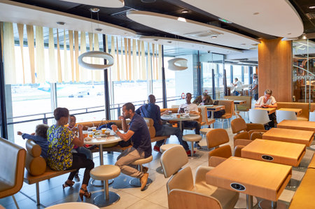PARIS - AUGUST 08, 2015: interior of McDonald's restaurant at Orly Airport. McDonald's is the world's largest chain of hamburger fast food restaurants, founded in the United States.のeditorial素材