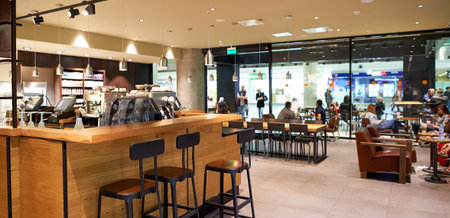 SAINT PETERSBURG, RUSSIA - AUGUST 04, 2015: Starbucks cafe interior. Starbucks Corporation is an American global coffee company and coffeehouse chain based in Seattle, Washingtonのeditorial素材