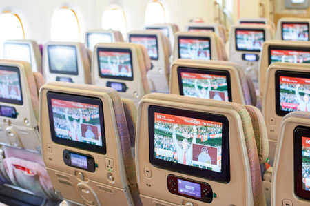 BANGKOK, THAILAND - SEPTEMBER 09, 2015: inside of Emirates Airbus A380. The Airbus A380 is a double-deck, wide-body, four-engine jet airliner manufactured by Airbus. It is the world's largest passenger airliner.のeditorial素材