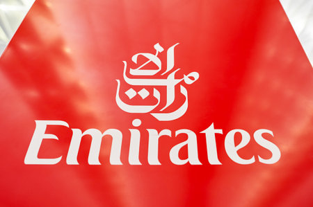 HONG KONG - SEPTEMBER 09, 2015: design of Emirates check in counters at Terminal 1 of Hong Kong International Airport. Emirates is an airline based in Dubai, United Arab Emirates.のeditorial素材