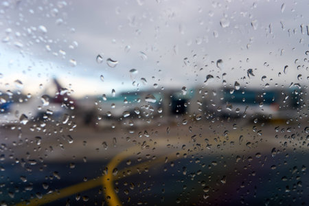 Defocused vew of Frankfurt airport from modern just aircraftの写真素材