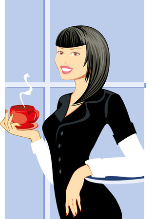 vector image of young beauty woman in black clothing drinking coffee or teaのイラスト素材
