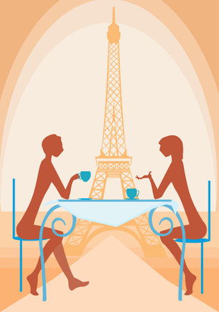 vector image of women drinking coffee in cafe in Paris near Eiffel Towerのイラスト素材
