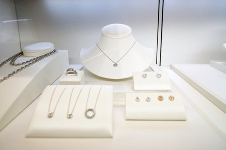 KUALA LUMPUR, MALAYSIA - MAY 09, 2016: showcase at Tiffany store. Tiffany & Company (known colloquially as Tiffany or Tiffany's) is an American worldwide luxury jewelry and specialty retailer, headquartered in New York Cityのeditorial素材