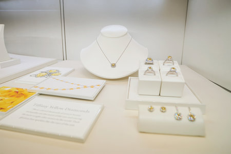 KUALA LUMPUR, MALAYSIA - MAY 09, 2016: showcase at Tiffany store. Tiffany & Company (known colloquially as Tiffany or Tiffany's) is an American worldwide luxury jewelry and specialty retailer, headquartered in New York Cityのeditorial素材