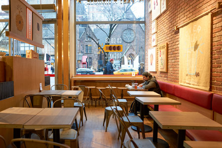 NEW YORK - CIRCA MARCH, 2016: inside Pret a Manger. Pret a Manger is a sandwich shop chain based in the United Kingdomのeditorial素材