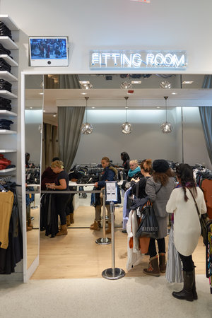 NEW YORK - CIRCA MARCH 2016: interior of Times Square H&M store. H & M Hennes & Mauritz AB is a Swedish multinational retail-clothing company, known for its fast-fashion clothing for men, women, teenagers and children.のeditorial素材
