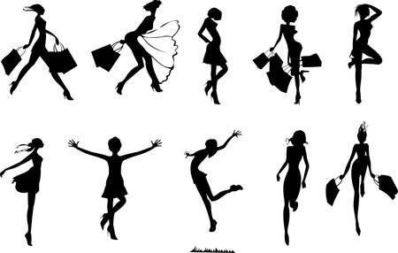 vector image of silhouettes of different girls after shopping, isolated on whiteのイラスト素材