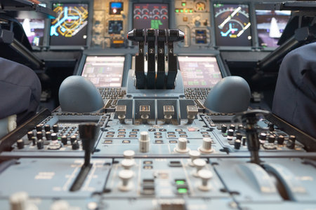 HONG KONG - MAY 12, 2016: cockpit of Emirates Airbus A380. Emirates is one of two flag carriers of the United Arab Emirates along with Etihad Airways and is based in Dubai.のeditorial素材