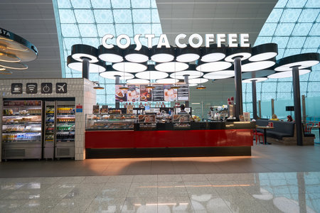 DUBAI, UAE - MARCH 09, 2016: Costa Coffee at Dubai International Airport. Costa Coffee is a British multinational coffeehouse company. It is the second largest coffeehouse chain in the world behind Starbucks.のeditorial素材
