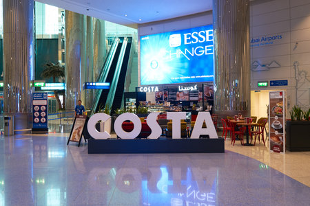 DUBAI, UAE - MARCH 09, 2016: Costa Coffee at Dubai International Airport. Costa Coffee is a British multinational coffeehouse company. It is the second largest coffeehouse chain in the world behind Starbucks.のeditorial素材