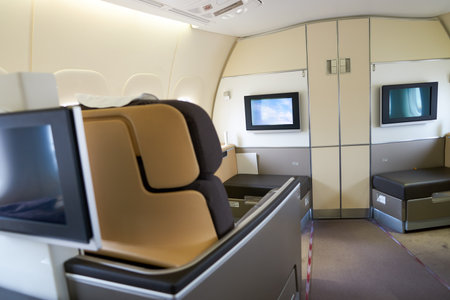 NEW YORK - MARCH 13, 2016: interior of Boeing 747-8I. The Boeing 747 is an American wide-body commercial jet airliner and cargo aircraft, often referred to by its original nickname, Jumbo Jet, or Queen of the Skies.のeditorial素材