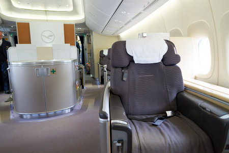 NEW YORK - MARCH 13, 2016: interior of Boeing 747-8I. The Boeing 747 is an American wide-body...