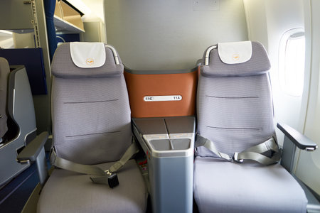 NEW YORK - MARCH 13, 2016: interior of Boeing 747-8I. The Boeing 747 is an American wide-body...