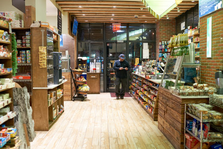 NEW YORK - CIRCA MARCH, 2016: inside food store in Brooklyn. Brooklyn is the most populous of New York City's five boroughs.のeditorial素材
