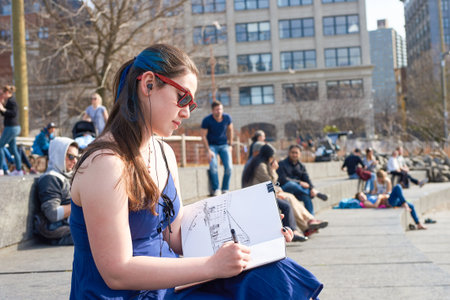 NEW YORK - CIRCA MARCH, 2016: outdoor portrait of young woman in New York. The City of New York is the most populous city in the United Statesのeditorial素材