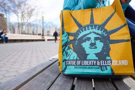 NEW YORK - CIRCA MARCH, 2016: close up shot of paper bag with a picture of the Statue of Liberty. The Statue of Liberty is a colossal neoclassical sculpture on Liberty Island in New York Harbor in New York City, in the United States.のeditorial素材