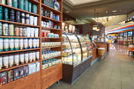 DUBAI, UAE - APRIL 08, 2016: Starbucks cafe in Dubai International Airport. Dubai International...