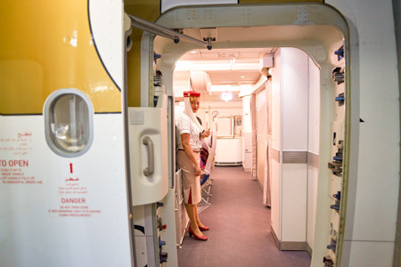 DUBAI, UAE - CIRCA APRIL, 2016: Emirates crew member meet passengers on board of Boeing 777....