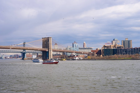 NEW YORK - MARCH 17, 2016: view from Pier 15 at daytime. Pier 15 is located east of South Street and FDR Drive in Lower Manhattan, New York City.のeditorial素材