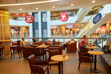 SAINT PETERSBURG, RUSSIA - CIRCA JULY, 2015: interior of Costa Coffee. Costa Coffee is a British multinational coffeehouse company. It is the second largest coffeehouse chain in the world behind Starbucks.のeditorial素材