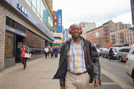 NEW YORK - CIRCA MARCH, 2016: outdoor lifestyle portrait of young man in New York. The City of New York is the most populous city in the United Statesのeditorial素材