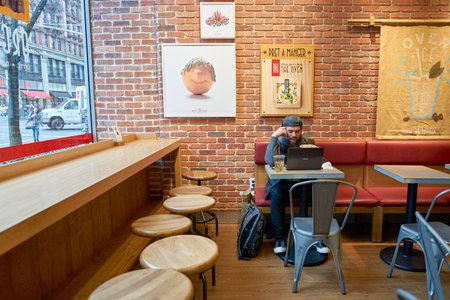 NEW YORK - CIRCA MARCH, 2016: inside Pret a Manger. Pret a Manger is a sandwich shop chain based in the United Kingdomのeditorial素材