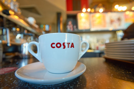 MOSCOW, RUSSIA - JUNE 26, 2016: close up shot of cup at Costa Coffee. Costa Coffee is a British multinational coffeehouse company. It is the second largest coffeehouse chain in the world behind Starbucks.のeditorial素材