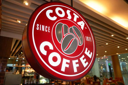 SHENZHEN, CHINA - CIRCA MAY, 2016: close up shot of Costa Coffee logo. Costa Coffee is a British multinational coffeehouse company. It is the second largest coffeehouse chain in the world behind Starbucks.のeditorial素材