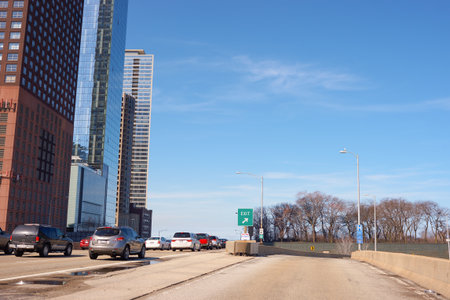 CHICAGO, IL - MARCH 25, 2016: Chicago traffic in the daytime. Chicago is the third most populous city in the United States.のeditorial素材