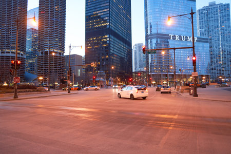 CHICAGO, IL - CIRCA MARCH, 2016: Chicago at dusk. Chicago is the third most populous city in the United States.のeditorial素材
