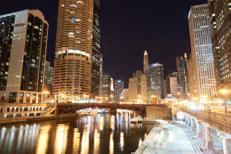 CHICAGO, IL - CIRCA MARCH, 2016: Chicago at night time. Chicago is the third most populous city in the United Statesのeditorial素材