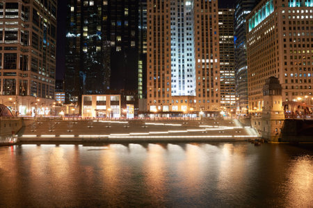 CHICAGO, IL - CIRCA MARCH, 2016: Chicago at night time. Chicago is the third most populous city in the United Statesのeditorial素材