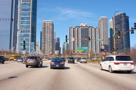 CHICAGO, IL - MARCH 25, 2016: Chicago traffic in the daytime. Chicago is the third most populous city in the United States.のeditorial素材