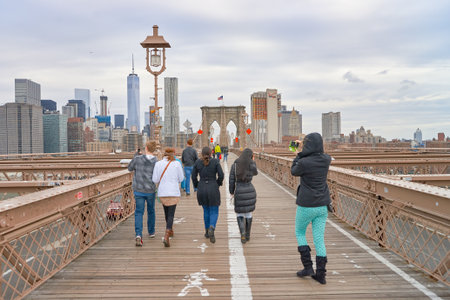 NEW YORK - CIRCA MARCH, 2016: view from the pedestrian walkway of the Brooklyn Bridge. The Brooklyn Bridge is connects the boroughs of Manhattan and Brooklyn by spanning the East River.のeditorial素材