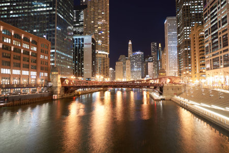 CHICAGO, IL - CIRCA MARCH, 2016: Chicago at night time. Chicago is the third most populous city in the United Statesのeditorial素材