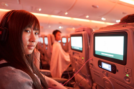 HONG KONG - MAY 12, 2016: Woman onboard Emirates A380. The Airbus A380 is a double-deck, wide-body, four-engine jet airliner manufactured by Airbus. It is the world's largest passenger airliner.のeditorial素材