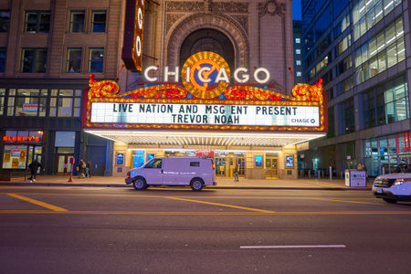 CHICAGO, IL - CIRCA MARCH, 2016: facade of Chicago Theatre at night time. The Chicago Theatre is a landmark theater located on North State Street in the Loop area of Chicago, Illinois.のeditorial素材
