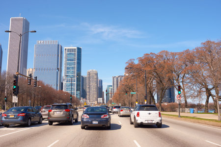 CHICAGO, IL - MARCH 25, 2016: Chicago traffic in the daytime. Chicago is the third most populous city in the United States.のeditorial素材