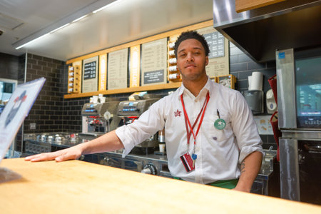 CHICAGO, IL - CIRCA MARCH, 2016: indoor portrait of staff in Pret a Manger. Pret a Manger is a sandwich shop chain based in the United Kingdomのeditorial素材