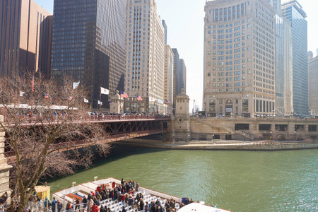CHICAGO, IL - CIRCA MARCH, 2016: Chicago River in the daytime. The Chicago River is a system of rivers and canals that runs through the city of Chicago, including its center.のeditorial素材
