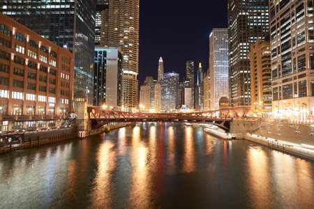 CHICAGO, IL - CIRCA MARCH, 2016: Chicago at night time. Chicago is the third most populous city in the United Statesのeditorial素材