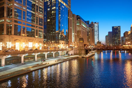 CHICAGO, IL - CIRCA MARCH, 2016: Chicago at twilight. Chicago is the third most populous city in the United Statesのeditorial素材