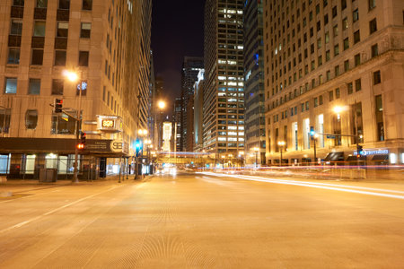 CHICAGO, IL - CIRCA MARCH, 2016: Chicago at night time. Chicago is the third most populous city in the United States.のeditorial素材