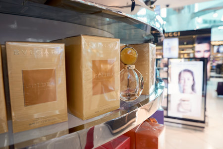 DUBAI, UAE - MAY 13, 2016: close up shot of Bulgari perfume in duty-free at Dubai International Airport. Bulgari is an Italian jewelry and luxury goods brandのeditorial素材