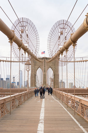 NEW YORK - CIRCA MARCH, 2016: view from the pedestrian walkway of the Brooklyn Bridge. The Brooklyn Bridge is connects the boroughs of Manhattan and Brooklyn by spanning the East River.のeditorial素材